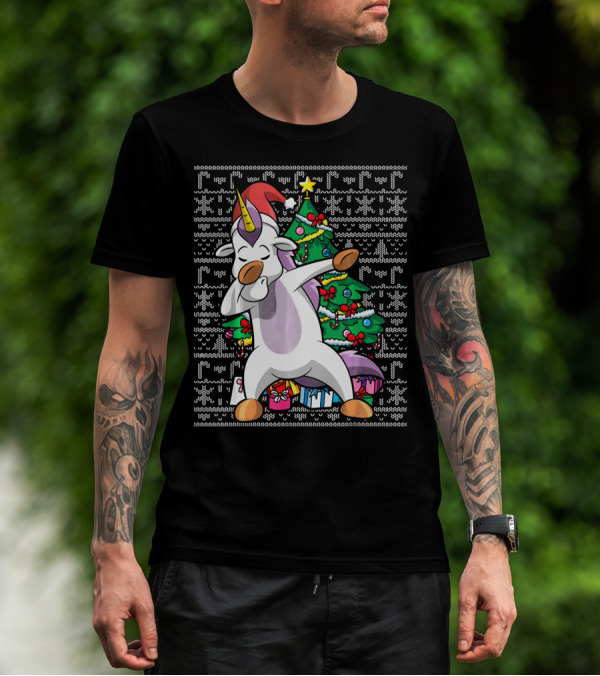 Unicorn Dabbing In Santa Hat By The Christmas Tree With Gifts T-Shirt