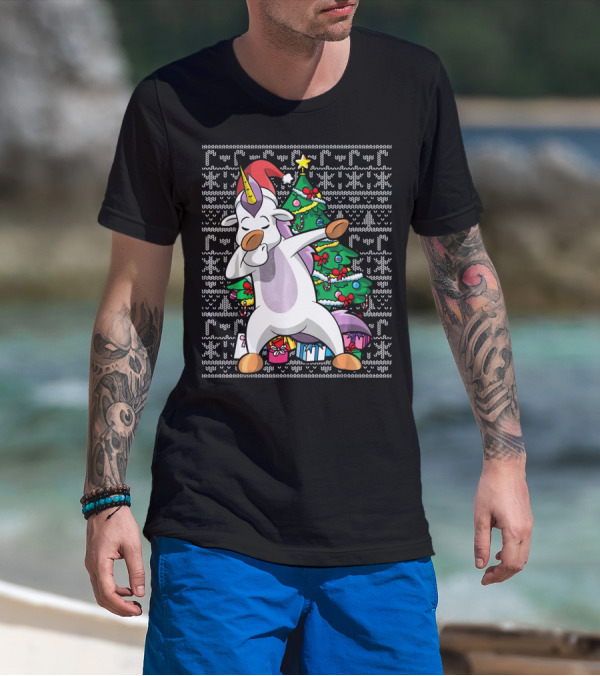 Unicorn Dabbing In Santa Hat By The Christmas Tree With Gifts T-Shirt