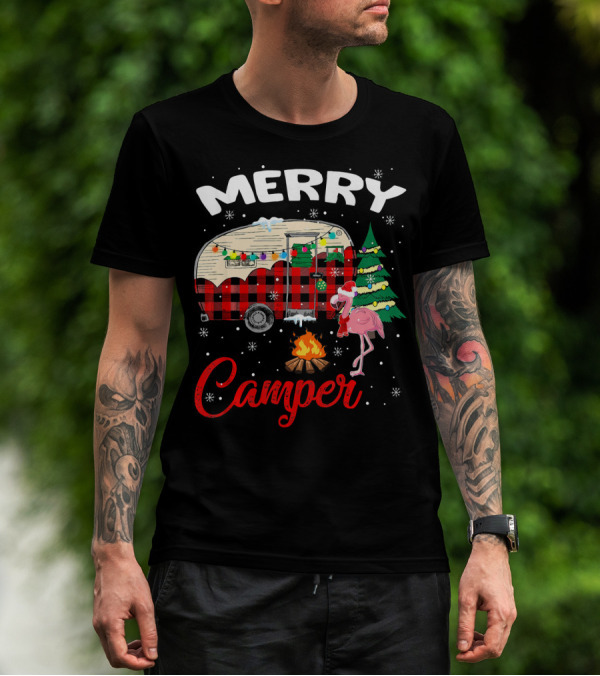 Merry Camper Christmas Camping Flamingo And Campfire Scene T-Shirt