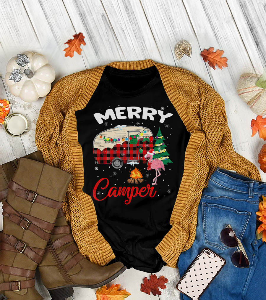 Merry Camper Christmas Camping Flamingo and Campfire Scene T-Shirt