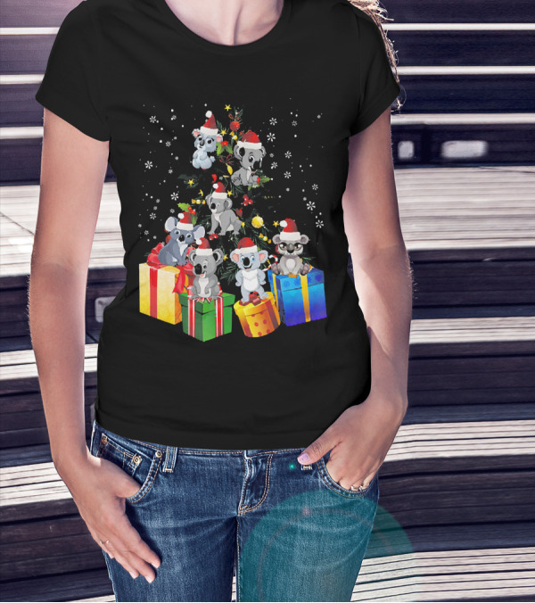 Christmas Koala With Santa Hats And Gifts On Snowy Pine Tree T-Shirt