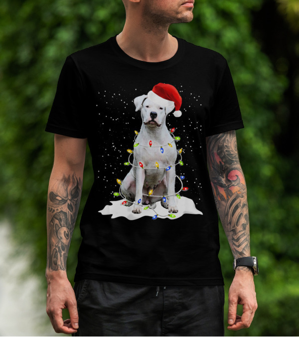 Dogo Argentino Christmas Lights Santa Hat Snow Holiday T-Shirt