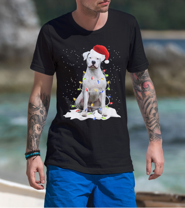 Dogo Argentino Christmas Lights Santa Hat Snow Holiday T-Shirt
