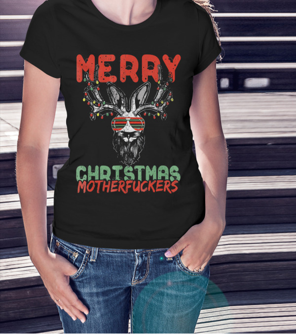 Merry Christmas Motherfuckers Reindeer Skull Holiday Lights T-Shirt