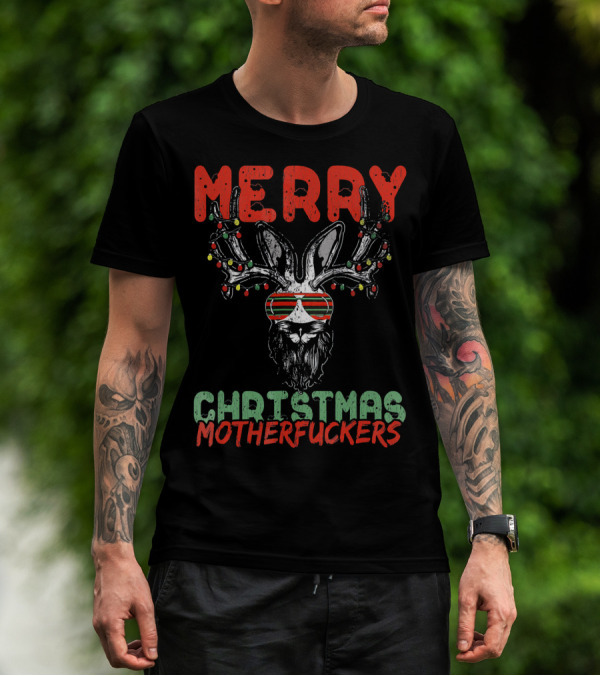 Merry Christmas Motherfuckers Reindeer Skull Holiday Lights T-Shirt