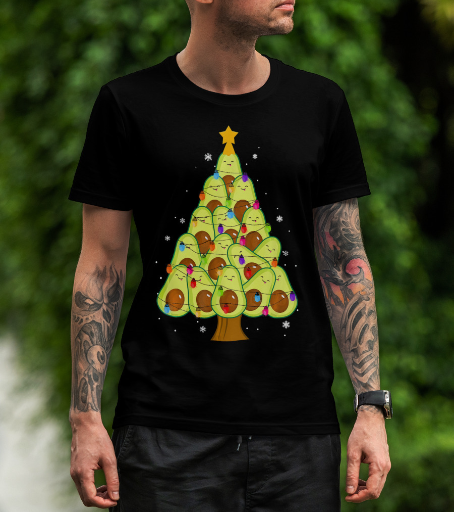 Avocado Christmas Tree With Colorful Lights Vegan Guac Green T-Shirt