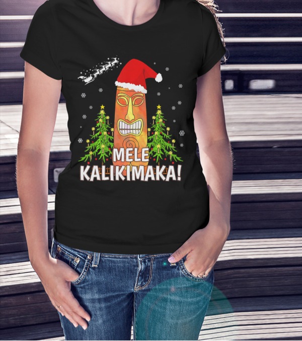 Mele Kalikimaka Santa Hat Tiki Christmas Trees Snowflakes Santa Sleigh T-Shirt