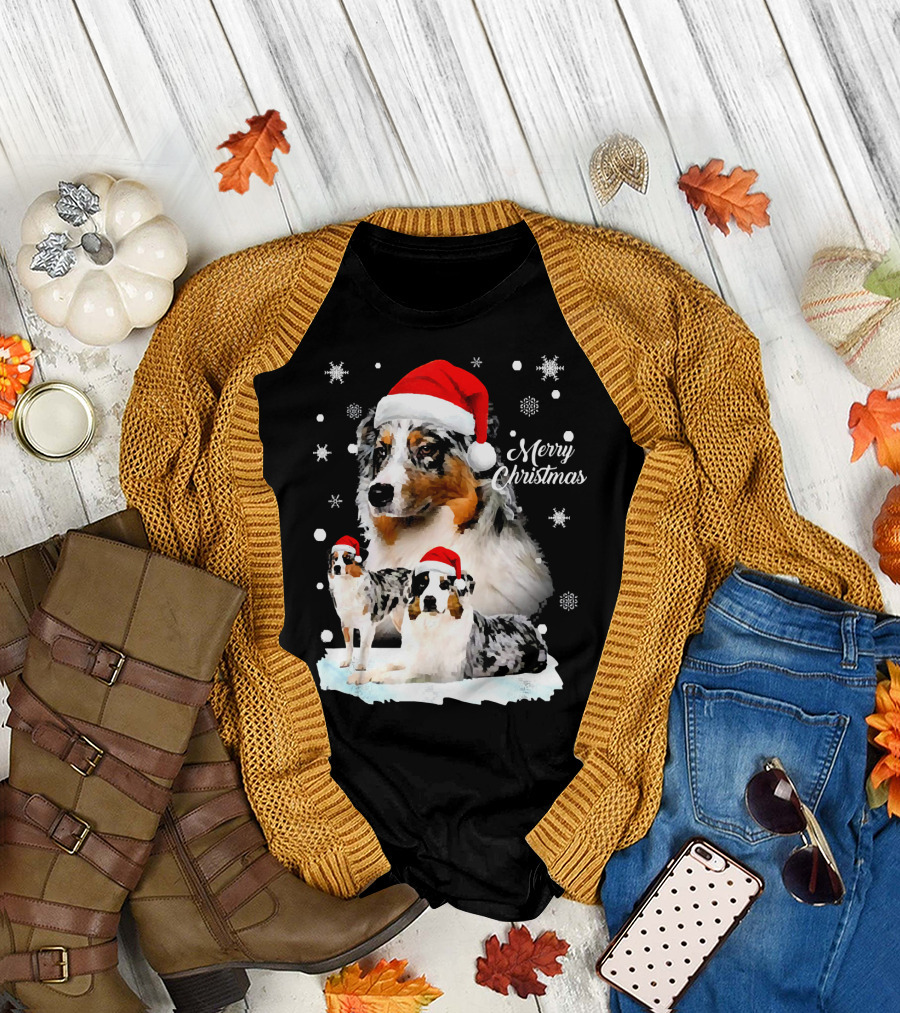 Australian Shepherds Merry Christmas Santa Hats Snowflakes T-Shirt