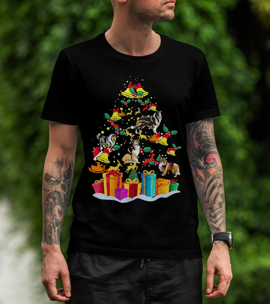 Rough Collie Christmas Tree Funny Reindeer Presents Holiday Bells T-Shirt