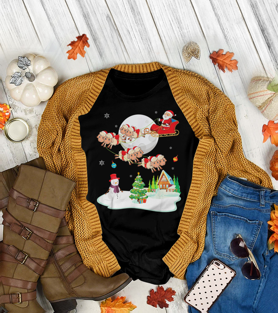 Santa Noel with Dancing Snowman and Sheep Sleigh by Moon T-Shirt