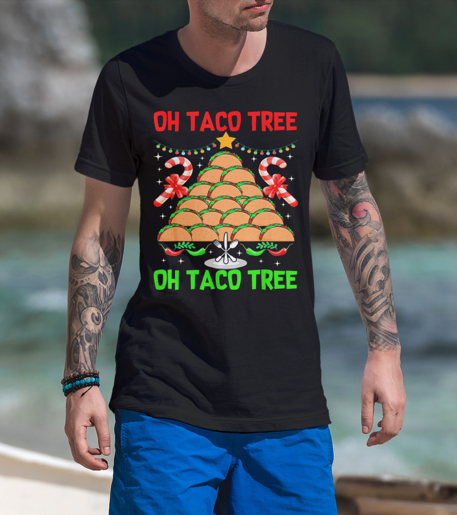 Oh Taco Tree Christmas Candy Cane Funny Party T-Shirt