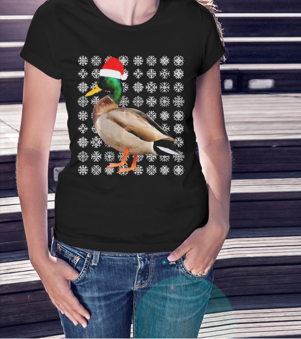 Mallard Duck In Santa Hat With Snowflake Pattern Background T-Shirt
