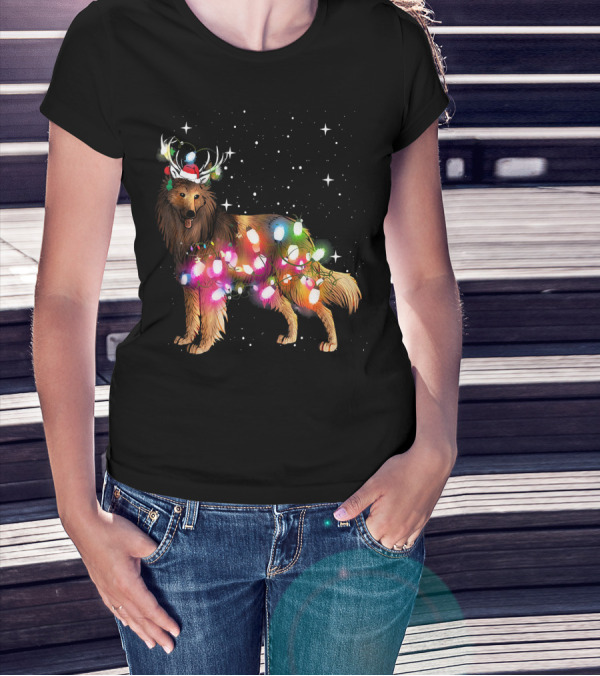 Belgian Tervuren Dog Wrapped In Christmas Lights With Santa Hat And Antlers T-Shirt