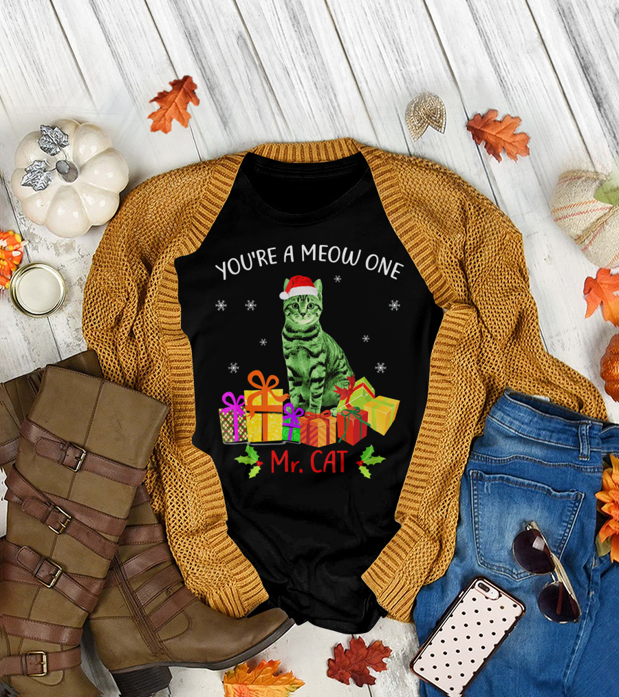 YOU'RE A MEOW ONE MR. CAT CHRISTMAS HOLIDAY WITH PRESENTS AND SANTA HAT T-Shirt