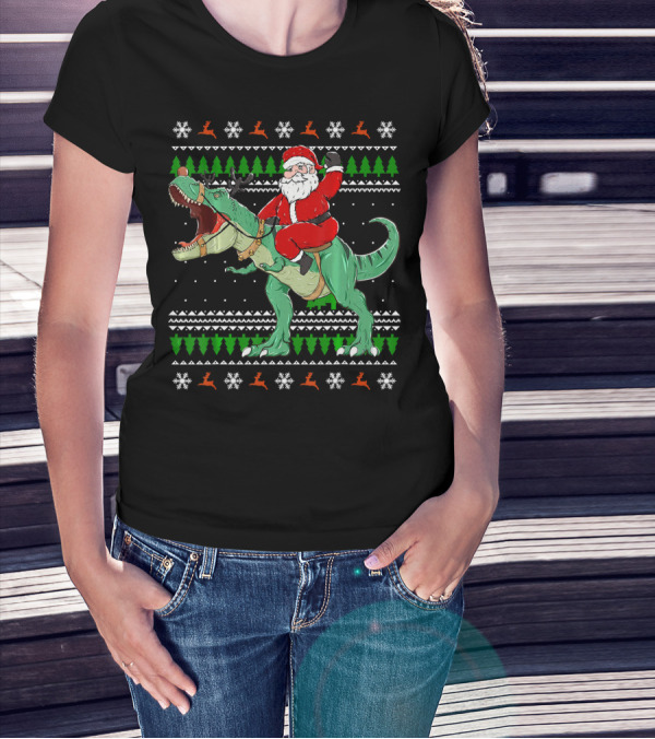 Santa Riding Dino Ugly Christmas Sweater With Snowflakes And Reindeer T-Shirt