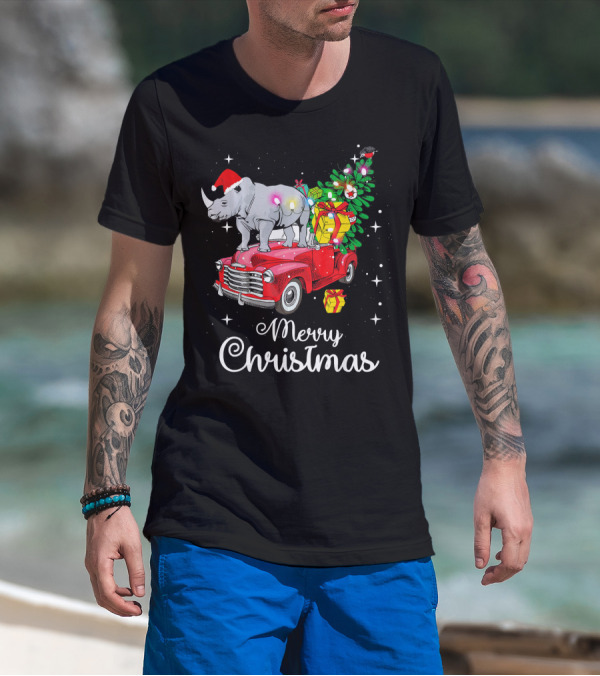 Merry Christmas Rhino Santa Hat On Red Truck With Christmas Tree And Gifts T-Shirt