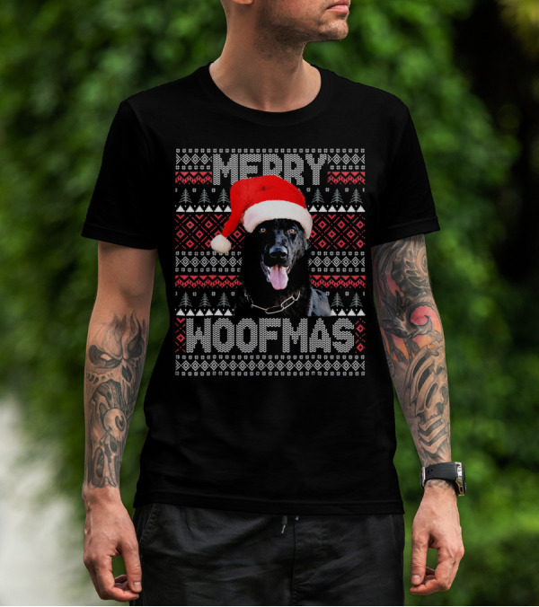 Merry Woofmas German Shepherd In Santa Hat With Festive Knitting T-Shirt