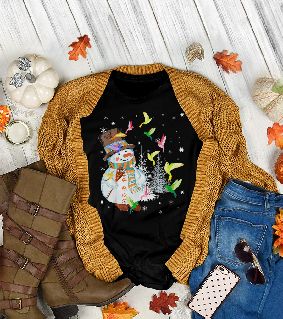 Merry Hummingbird Snowman with Colorful Birds and Snowflakes T-Shirt