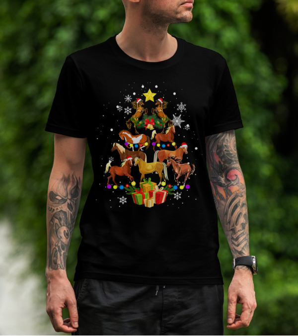 Horse Christmas Tree Festive Snowflakes T-Shirt