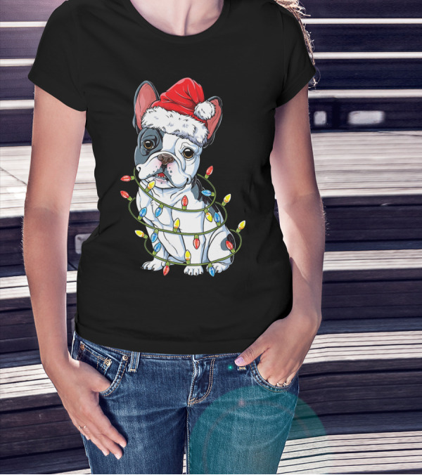 French Bulldog Christmas Santa Hat Festive Lights T-Shirt