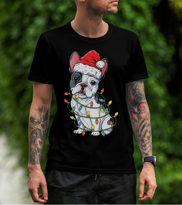 French Bulldog Christmas Santa Hat Festive Lights T-Shirt
