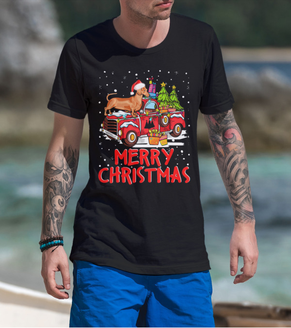 Merry Christmas Dachshund Santa Hat Red Truck With Gifts And Trees T-Shirt