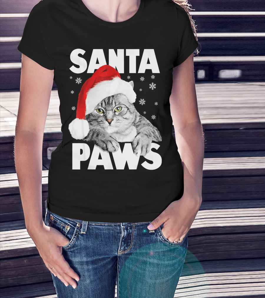 Santa Paws Christmas Kitty Cat Funny Graphic Snowflakes Hat T-Shirt