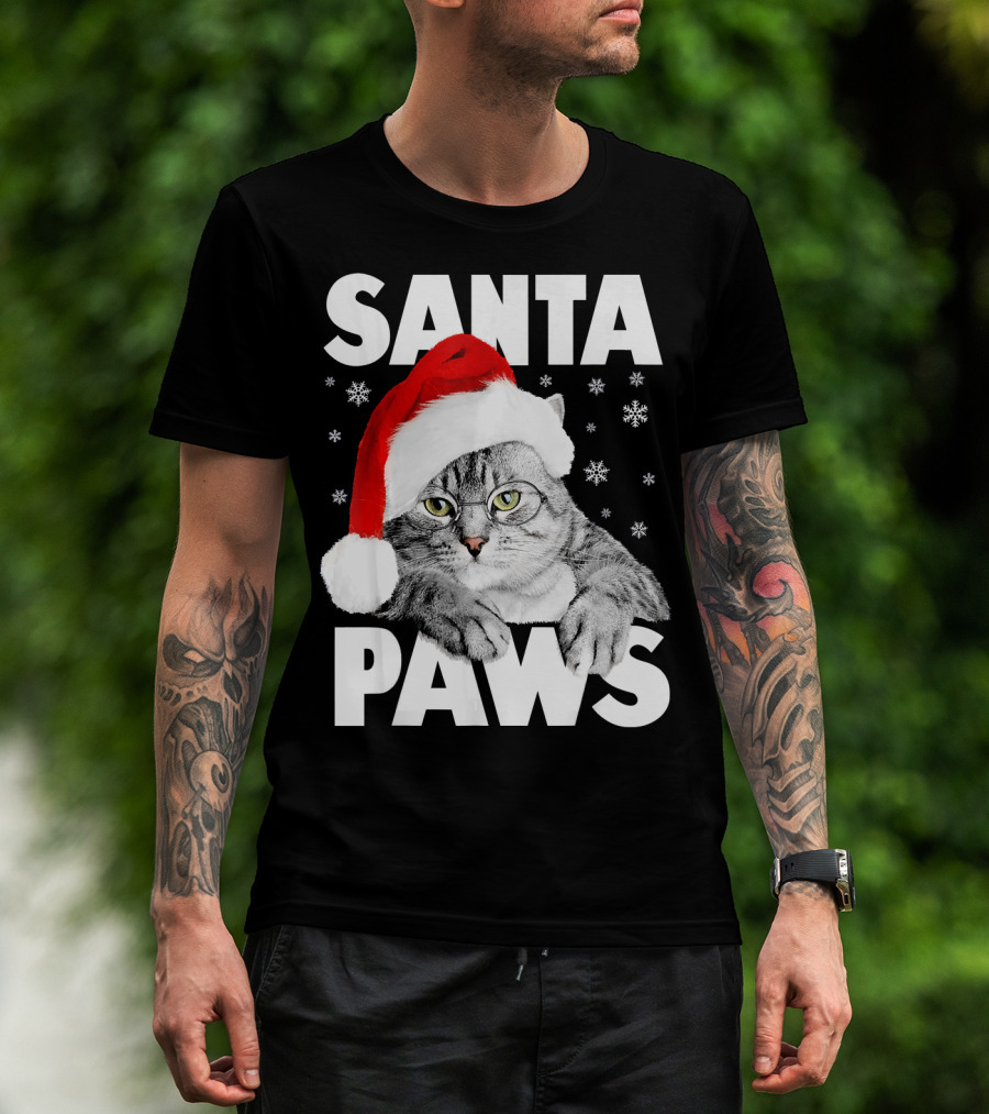 Santa Paws Christmas Kitty Cat Funny Graphic Snowflakes Hat T-Shirt