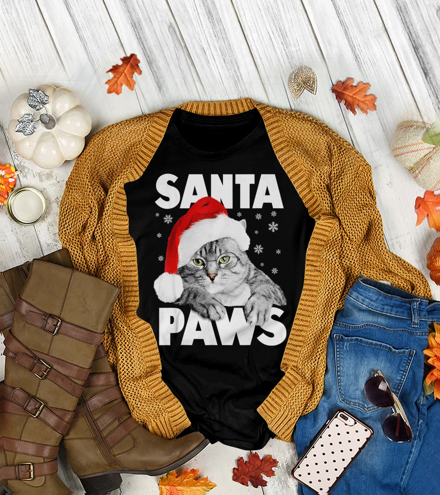 Santa Paws Christmas Kitty Cat Funny Graphic Snowflakes Hat T-Shirt