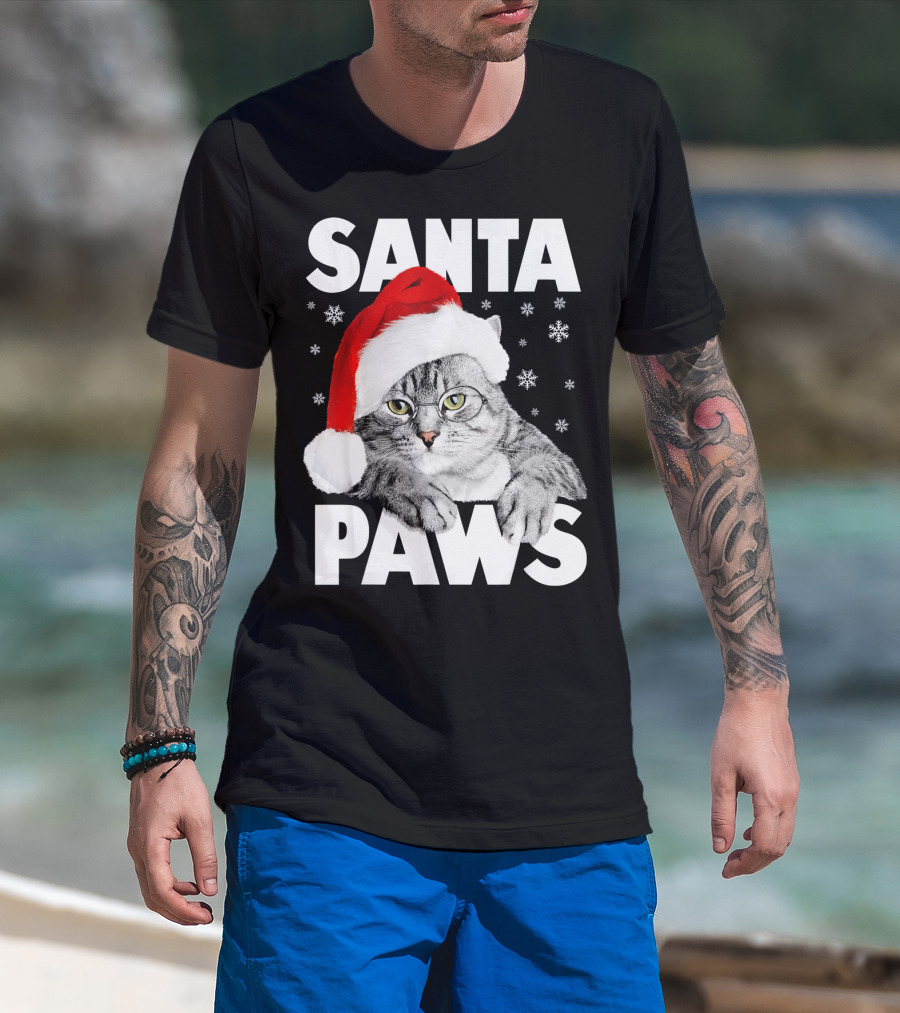 Santa Paws Christmas Kitty Cat Funny Graphic Snowflakes Hat T-Shirt