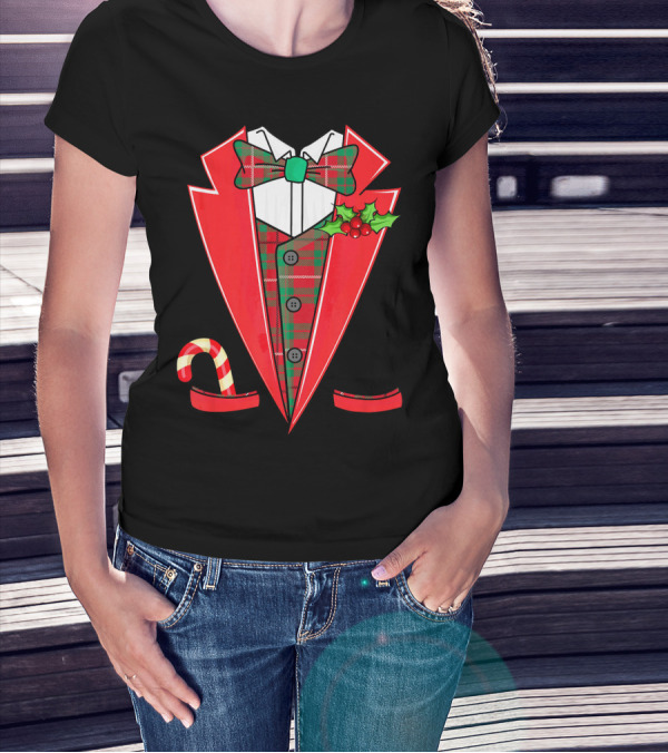 Tuxedo Christmas Fancy Xmas Co Red Plaid Bowtie Candy Cane Holiday Jacket T-Shirt