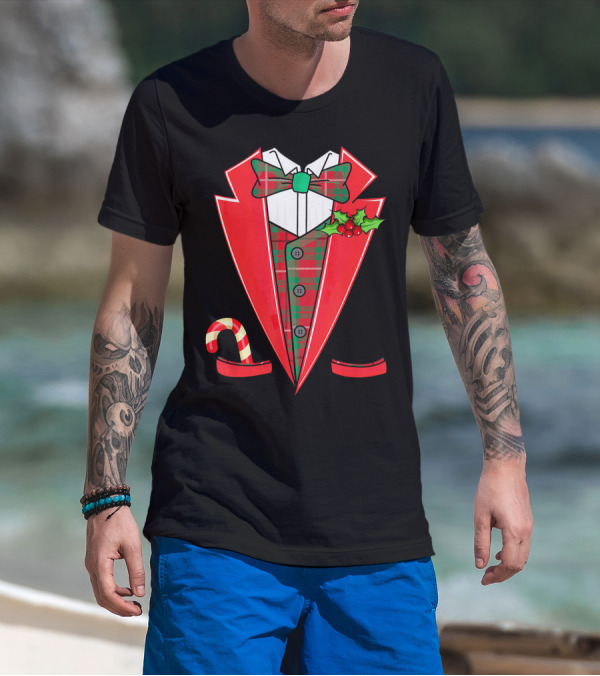 Tuxedo Christmas Fancy Xmas Co Red Plaid Bowtie Candy Cane Holiday Jacket T-Shirt
