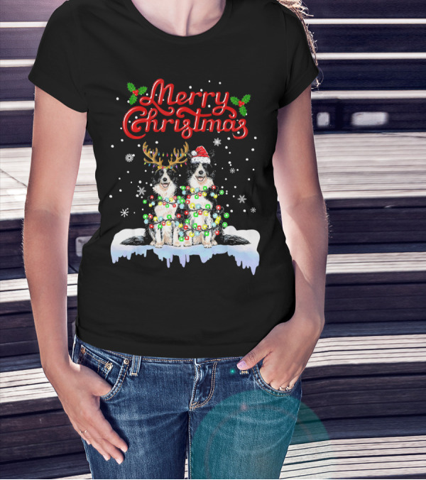 Merry Christmas Border Collie Christmas Lights Funny Dog Santa Reindeer T-Shirt