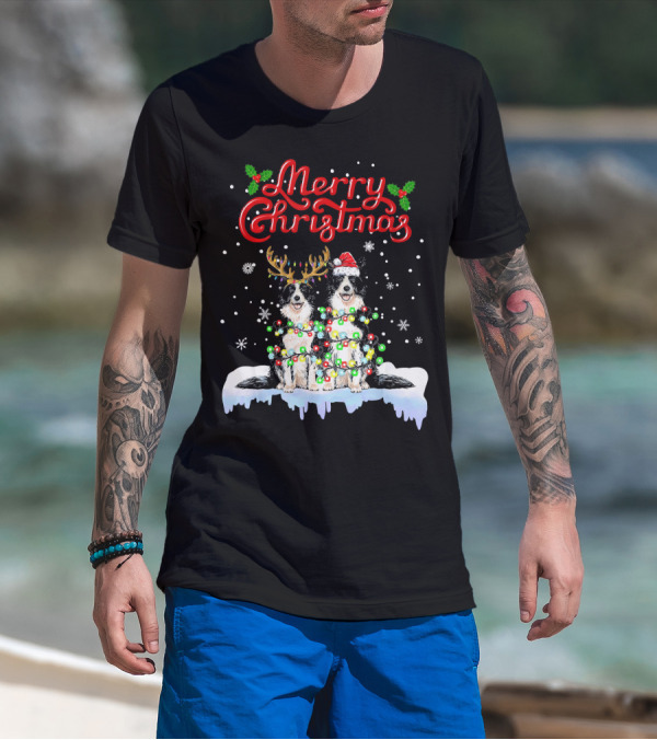 Merry Christmas Border Collie Christmas Lights Funny Dog Santa Reindeer T-Shirt
