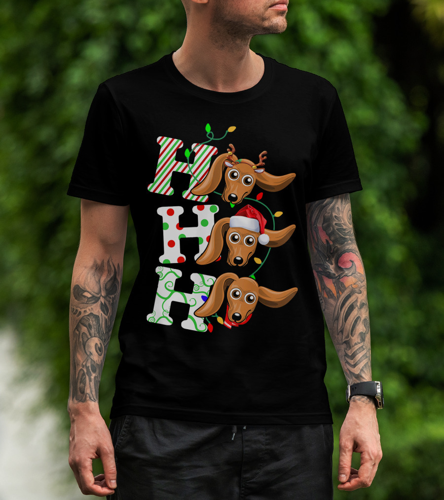 Dachshund Ho Ho Ho Reindeer Antlers Santa Hat Christmas Lights T-Shirt