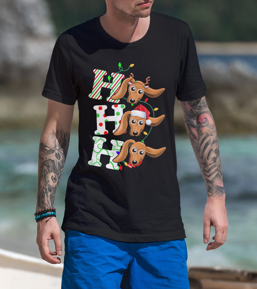 Dachshund Ho Ho Ho Reindeer Antlers Santa Hat Christmas Lights T-Shirt