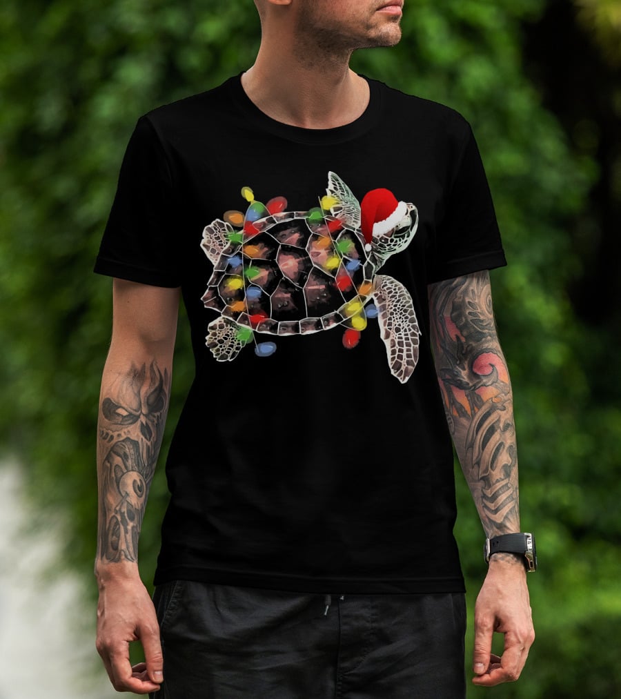 Sea Turtle With Christmas Lights In Santa Hat Merry Chris T-Shirt