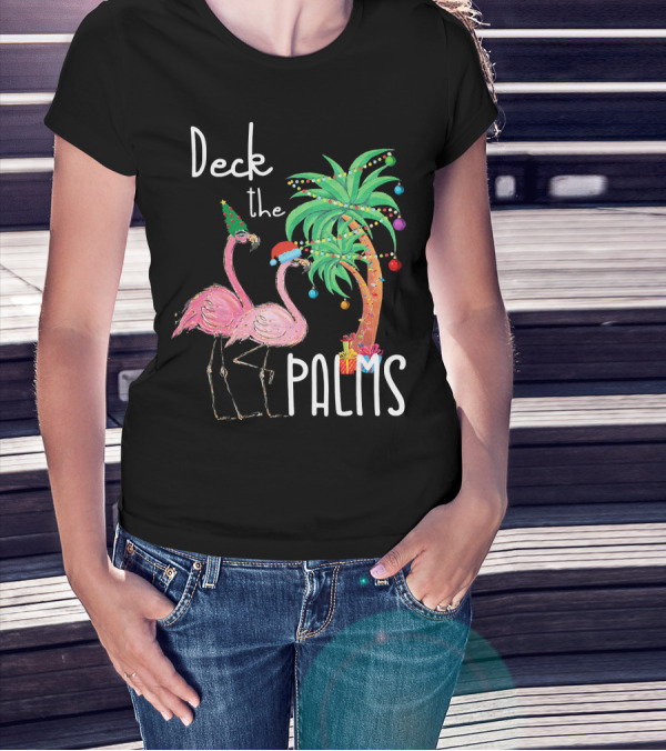 Deck The Palms Christmas Flamingo Family Tropical Holiday Scene T-Shirt
