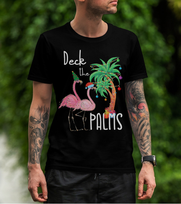 Deck The Palms Christmas Flamingo Family Tropical Holiday Scene T-Shirt