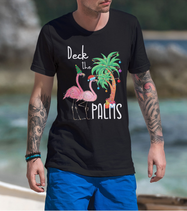 Deck The Palms Christmas Flamingo Family Tropical Holiday Scene T-Shirt