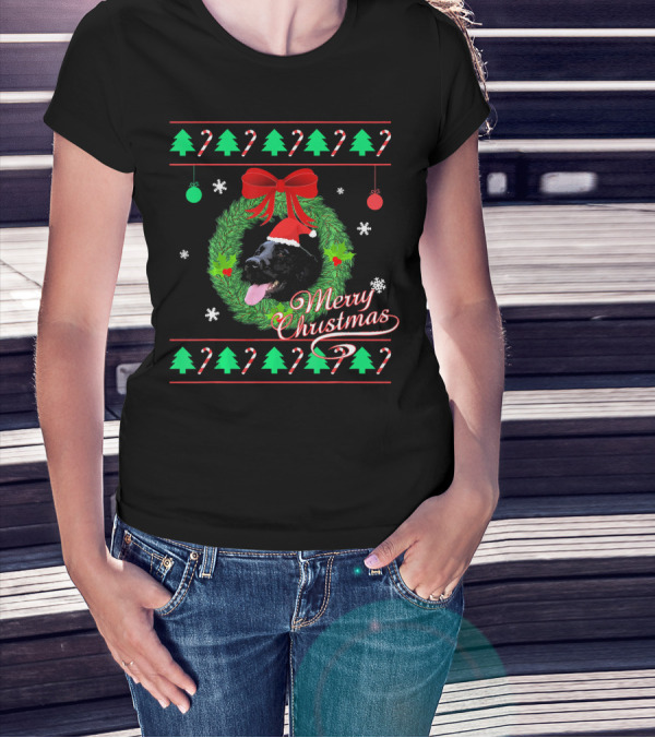 Merry Christmas Black Lab Puppy In Santa Hat With Wreath And Candy Canes T-Shirt