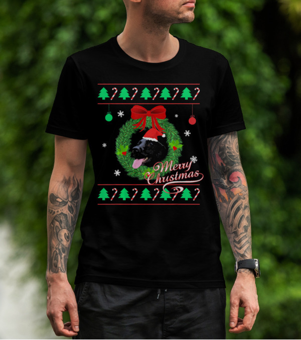 Merry Christmas Black Lab Puppy In Santa Hat With Wreath And Candy Canes T-Shirt