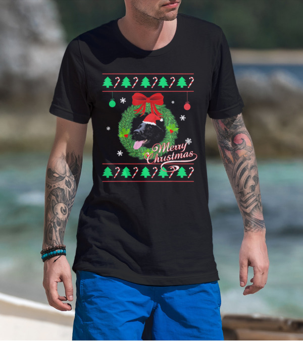 Merry Christmas Black Lab Puppy In Santa Hat With Wreath And Candy Canes T-Shirt