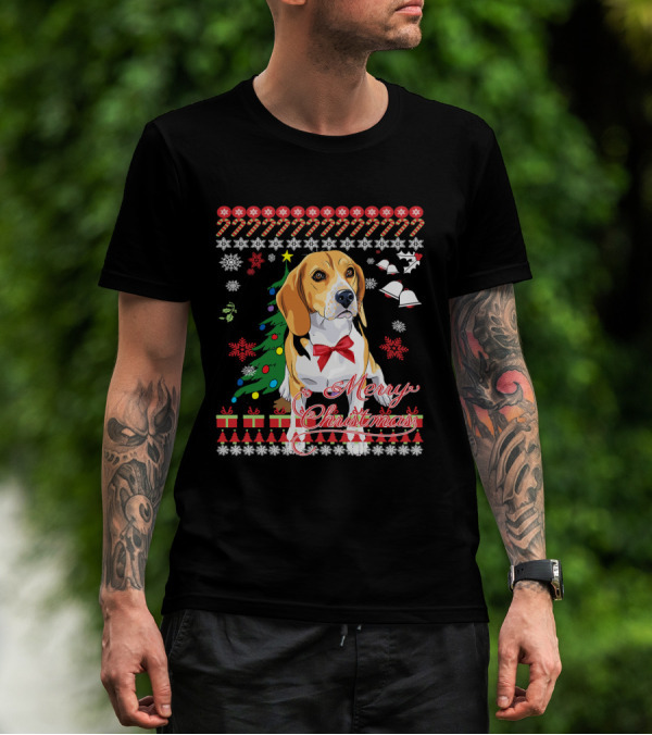 Merry Christmas Beagle With Candy Canes Snowflakes Bells And Gifts T-Shirt