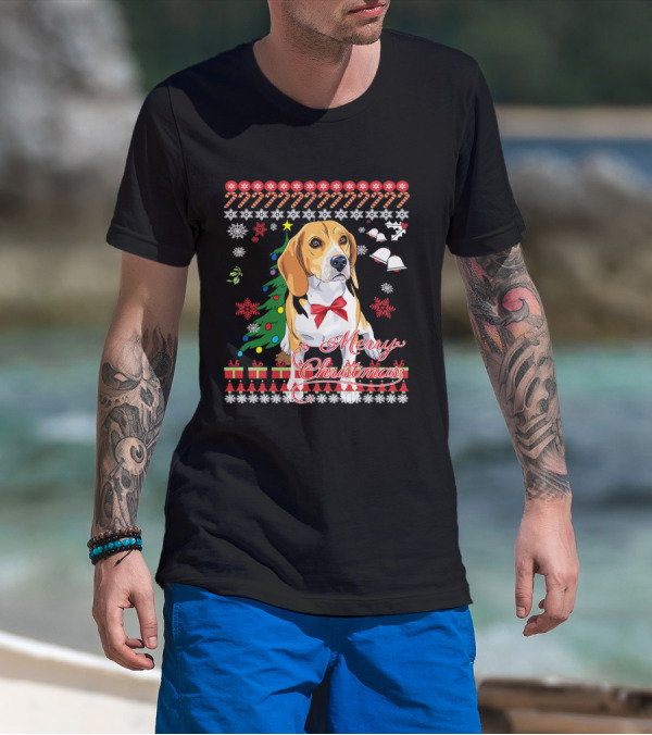 Merry Christmas Beagle With Candy Canes Snowflakes Bells And Gifts T-Shirt