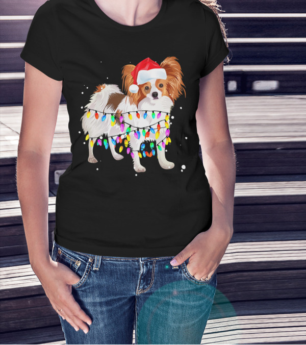 Papillon Dog Wrapped In Colorful Christmas Lights Wearing Santa Hat T-Shirt