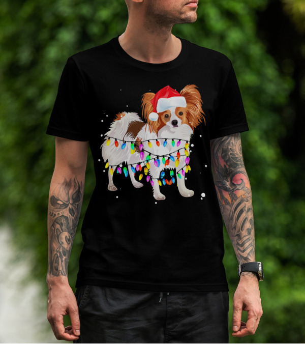 Papillon Dog Wrapped In Colorful Christmas Lights Wearing Santa Hat T-Shirt