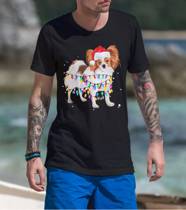 Papillon Dog Wrapped In Colorful Christmas Lights Wearing Santa Hat T-Shirt