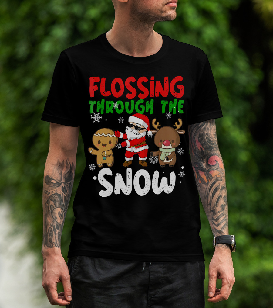 Flossing Through The Snow Santa Gingerbread Reindeer Christmas T-Shirt