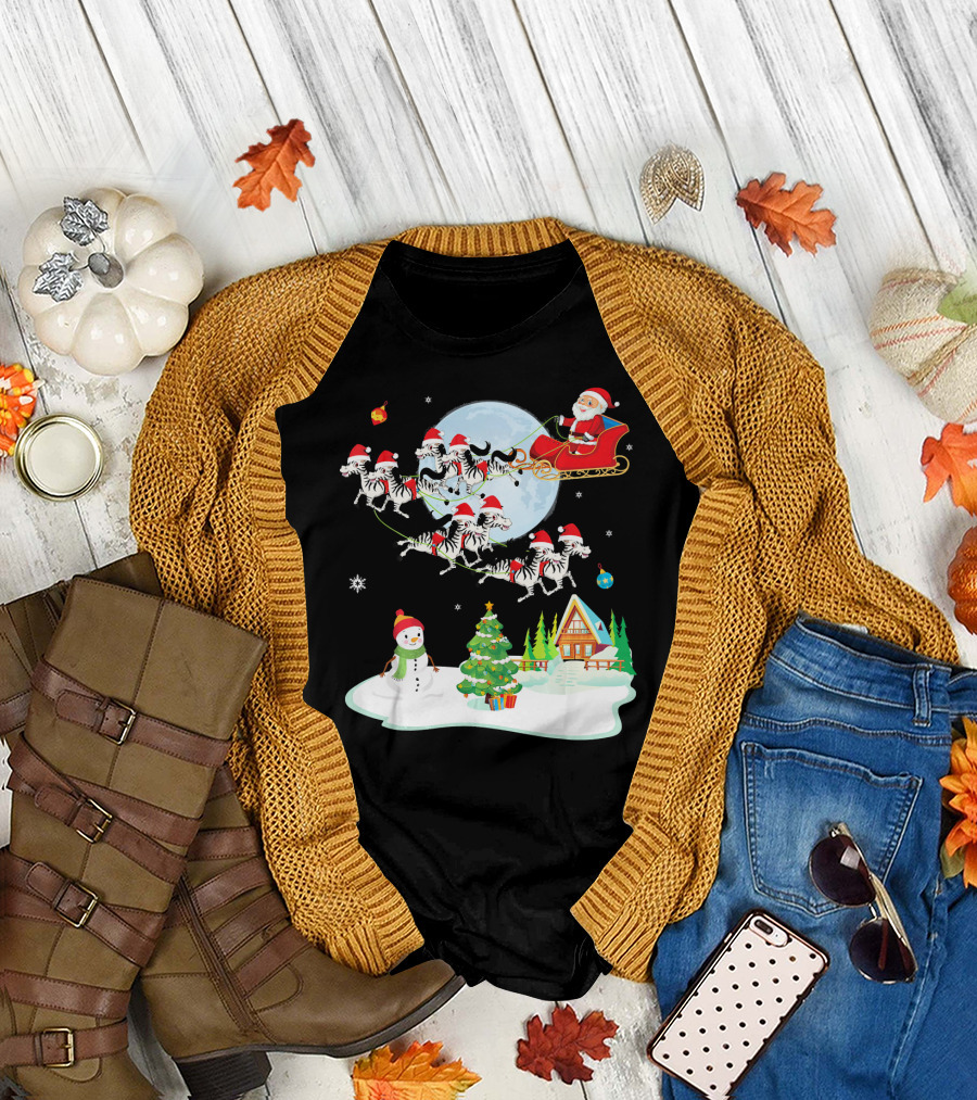 Santa Claus Sleigh with Zebras and Snowman by Christmas Tree T-Shirt